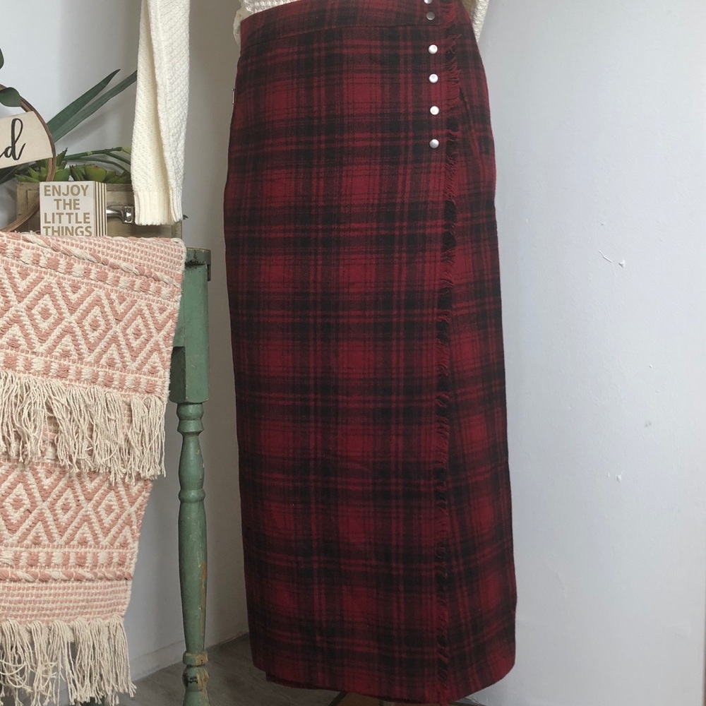 Vintage Eddie Bauer Wool Plaid Maxi Fringe Wrap Maxi Skirts Size 6P